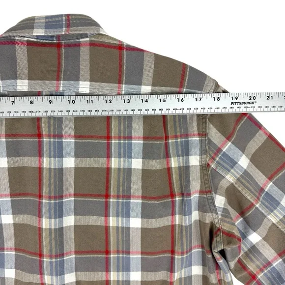 J. Crew Plaid Shirt Men's Large Tan Gray Red Flannel Button-up 100% Cotton Soft - Picture 7 of 13